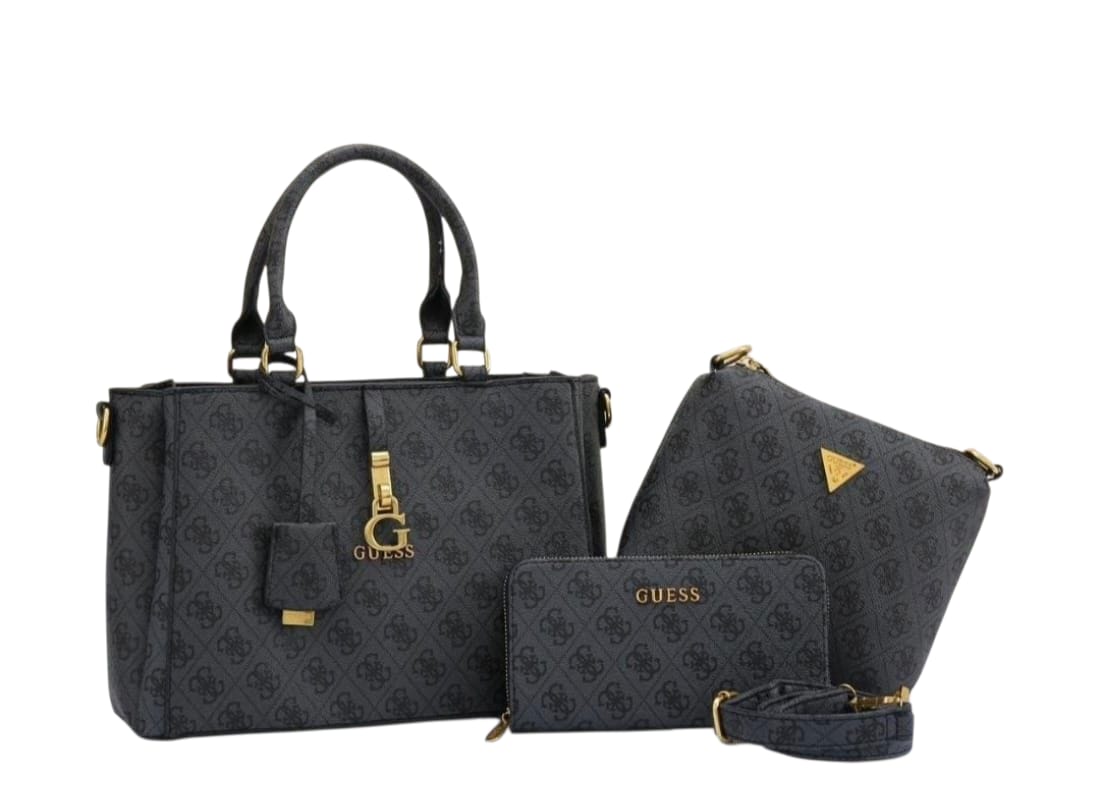 TRÍO GUESS BOLSO GRANDE, MANOS LIBRES Y BILLETERA  AZUL CON DETALLES BLANCOS