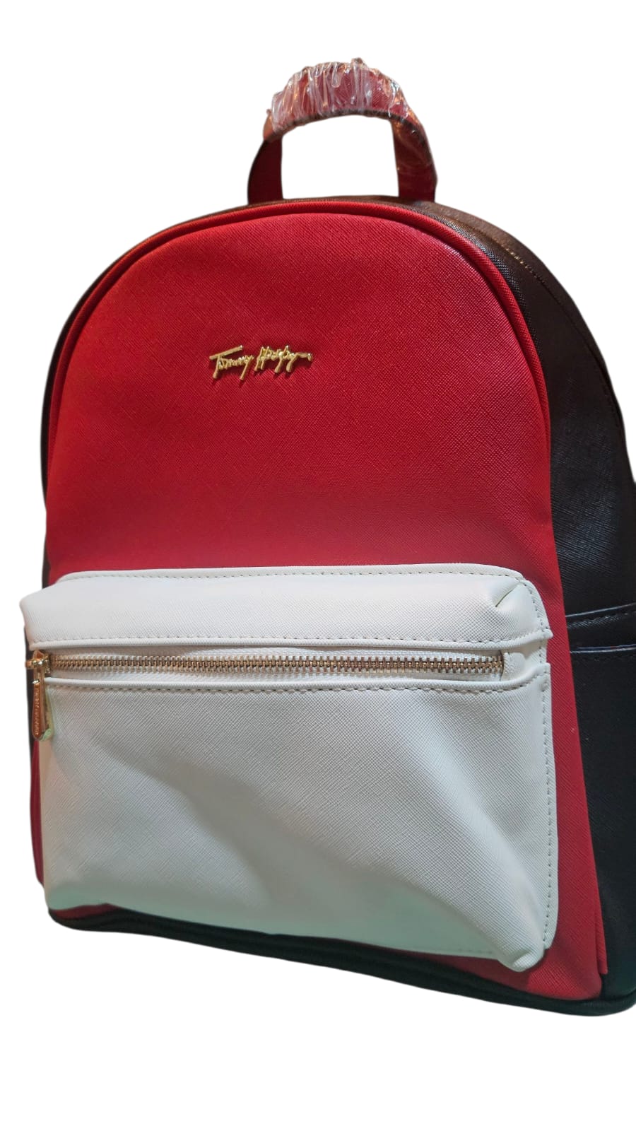 MOCHILA TOMMY HILFIGER NEGRO, ROJO Y BLANCO CON MANOS LIBRES Y BILLETERA ROJA
